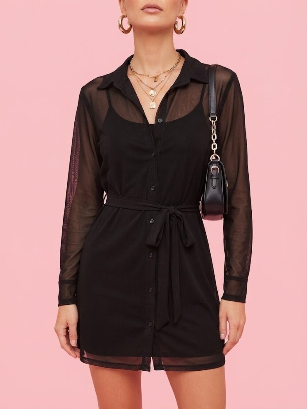 Black Sheer Long-Sleeve Shirt Dress with Tie